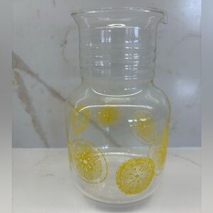 Vintage Pyrex Glass Juice Jug Carafe with Yellow Lemon Graphic Lemonade